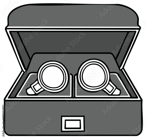 Antique spectacle frames in an open dark gray storage case with fabric lining