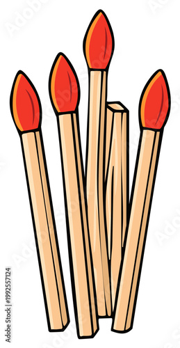 Striking Matches Illustration Five Wooden Matchsticks with Red Heads Ignite Fire Starting Tool