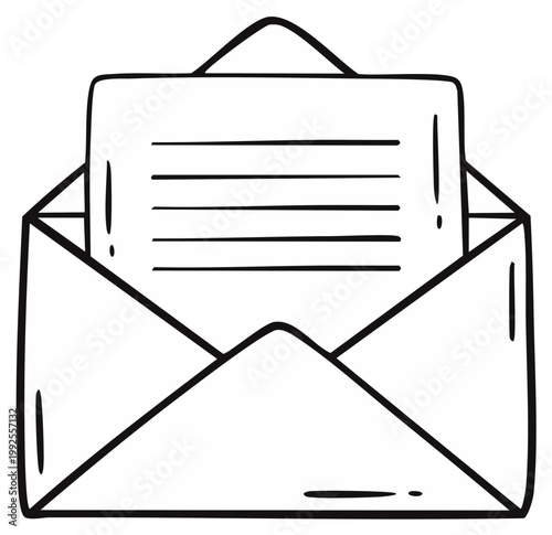 Hand drawn illustration of an open envelope with a letter inside containing written lines.