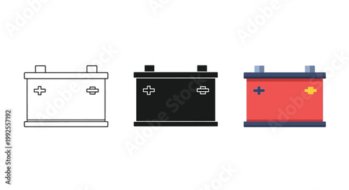 Three unique styles of car battery vector graphic design featuring a clean outline a solid silhouette and a colorful icon for modern automotive industrial projects