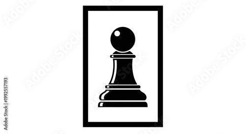 Black and white icon of a chess pawn in a frame, representing strategy and game.