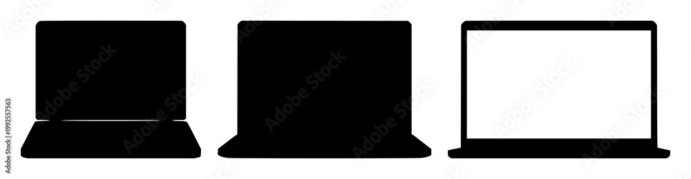 Obraz premium Laptop set with black silhouette on white background featuring laptop computer, silhouette, black and white vector with minimalist illustration and graphic design