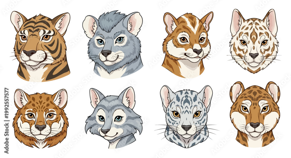 Fototapeta premium A cute collection of funny wild animal character heads featuring a cartoon cat, dog, tiger, lion, and fox vector icons in a fun baby mammal illustration set