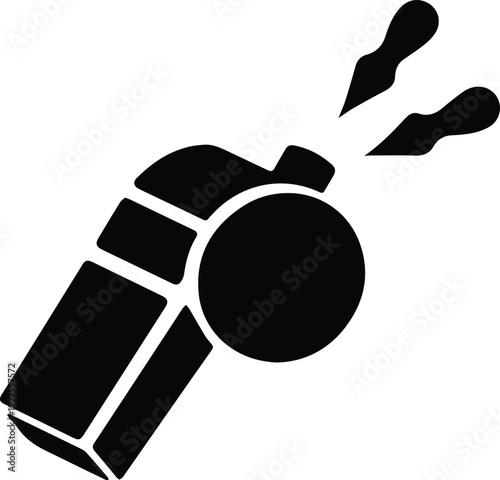 Stylized black vector icon of a sports whistle blowing, symbolizing authority and game control.