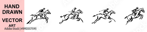 Hand drawn jockey riding horse vector illustration set racing equestrian silhouettes black and white dynamic galloping action design isolated on background for sports graphics