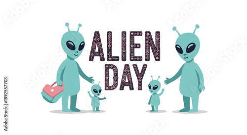 A whimsical sci fi alien character family celebrates Alien Day in a cartoon illustration with a cosmic mystery concept, showcasing extraterrestrial life forms against a clean white