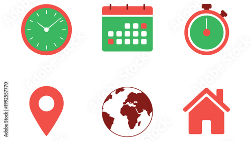 Icons for maps, calendar, and scheduling elements, modern flat vector icon set, location pins, map navigation, date grid, and appointment symbols, clean minimal design