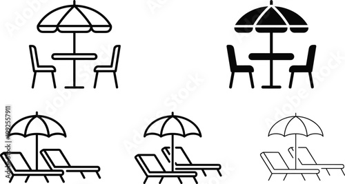 Beach Lounge and Outdoor Cafe Icon Set with Umbrella Table Chairs and Sunbeds for Summer Vacation Travel Resort and Hospitality Design