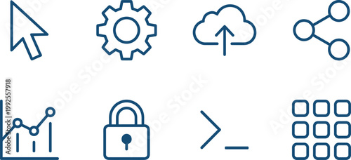 Modern Technology Line Icon Set with Cursor Settings Cloud Upload Share Analytics Security Arrow and Grid for UI UX Interface and Digital Applications