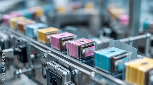 Automated Production Line: A high-tech manufacturing assembly line, featuring a conveyor belt carrying rows of colorful ink cartridges, symbolizing modern industrial processes and efficiency.