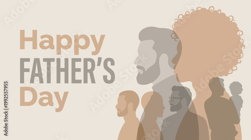 Minimalist Father's Day illustration featuring layered silhouettes of diverse men and children celebrating fatherhood on a neutral background.