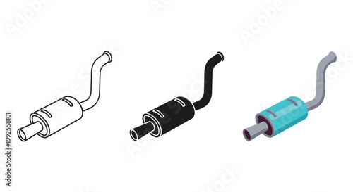 A detailed vector graphic illustration presenting three distinct styles of a car exhaust system, including an outline, silhouette, and colorful isometric design for automotive projects.