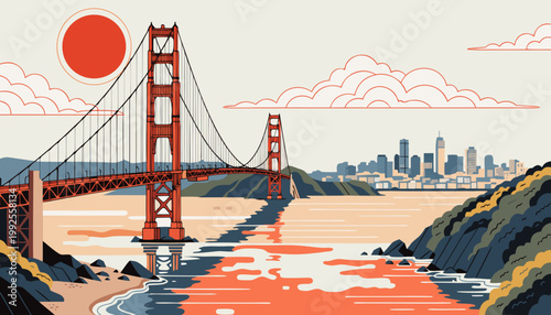 Iconic red suspension bridge illustration with city skyline at sunset