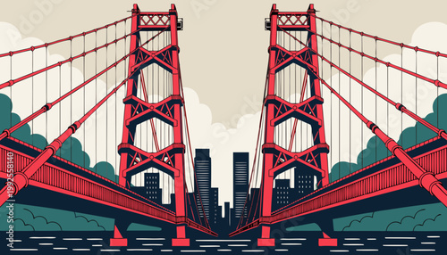 Iconic red suspension bridge with city skyscrapers illustration