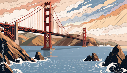 Iconic red suspension bridge over coastal bay digital illustration