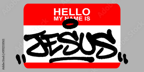 Bold urban graffiti handstyle featuring the word Jesus on a red sticker. Street art lettering representing the savior, christ, and central figure of spiritual faith.