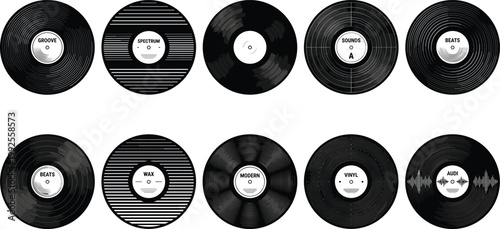 Vinyl Record Icon Set with Music Album Disc Variations Retro Audio Collection for DJ Sound Entertainment and Classic Analog Media Design