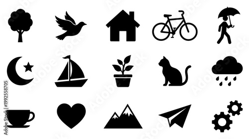 Collection of diverse flat black vector graphic icons representing nature, objects, and symbols in a clean design