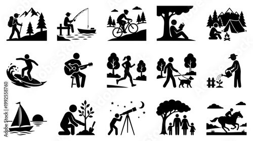Set of black vector silhouettes illustrating various recreational activities and outdoor hobbies performed by people in different nature settings for modern graphic design projects