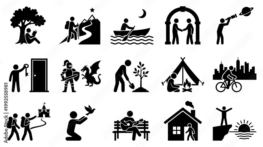 Obraz premium Collection of vector graphic icons illustrating diverse human activities and symbolic life journeys and achievements