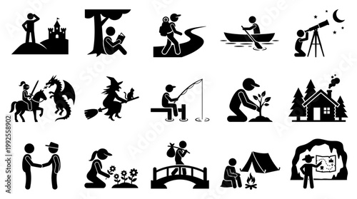 Diverse collection of black and white vector icons showing various stick figure people engaged in outdoor activities hobbies travel and adventurous fantasy life scenarios