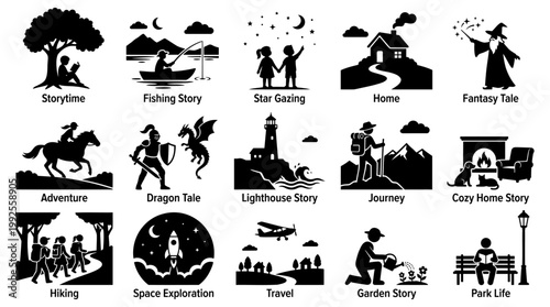 Collection of stylized vector graphic illustrations depicting various story themes and activities for conceptual use