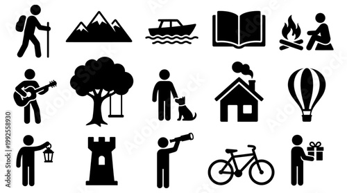 Collection of diverse vector graphic icons representing outdoor activities, leisure pursuits, and domestic life for creative design projects