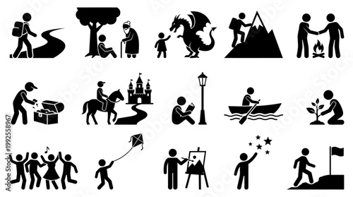 Collection of black vector stick figure icons showing various human activities and daily life moments in a simple minimalist style for creative design projects