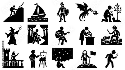 Set of diverse black and white vector silhouette icons representing various hobbies occupations fantasy characters and adventurous activities for your modern graphic design projects