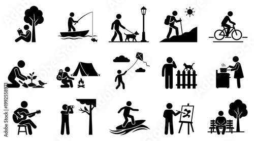 Diverse stick figure illustrations depict various outdoor leisure activities and hobbies for people of all ages