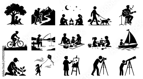 Collection of diverse vector illustrations depicting people enjoying various outdoor recreational activities and hobbies in silhouette style