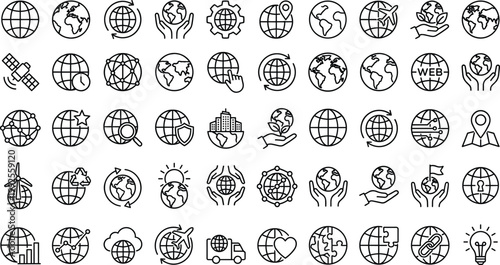 Global Network and World Icons Vector Set with Earth Globe Symbols, Internet Communication and Technology Line Art Collection