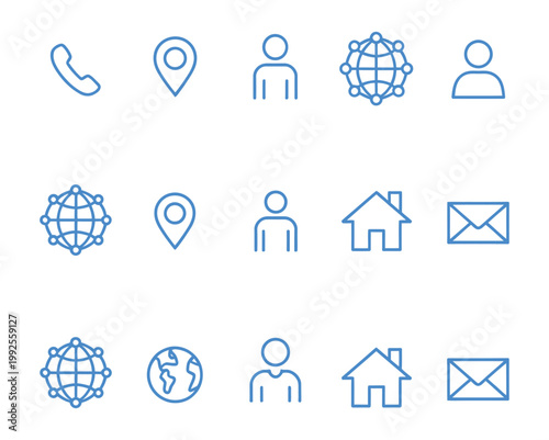 Icons including user, home, email, and global communication symbols, simple modern flat illustration pack, user account, homepage, email messaging