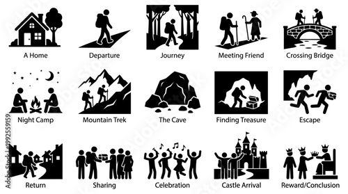 This black and white vector illustration set features various icons depicting a heroic journey sequence including travel adventure and successful mission completion stages overall