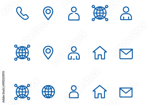 

Icons including user, home, email, and global communication symbols, modern flat vector icon set, clean minimal design, profile, house, mail envelope, and globe network elements