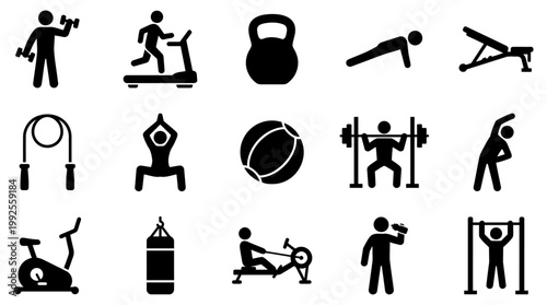 Diverse collection of vector graphic icons representing various fitness activities and gym equipment for workout illustrations.