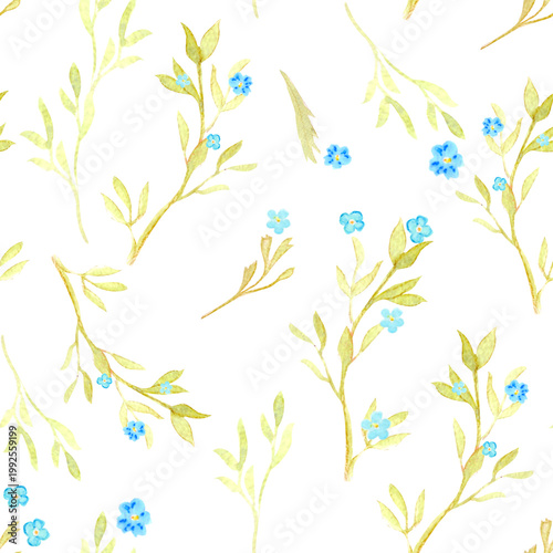 Watercolor forget-me-not seamless pattern on white background. Light airy botanical design, hand painted in soft tones, perfect for textile, packaging, wedding stationery and minimalist branding