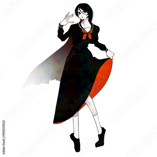 Anime gothic woman in black dress with cape on dark background