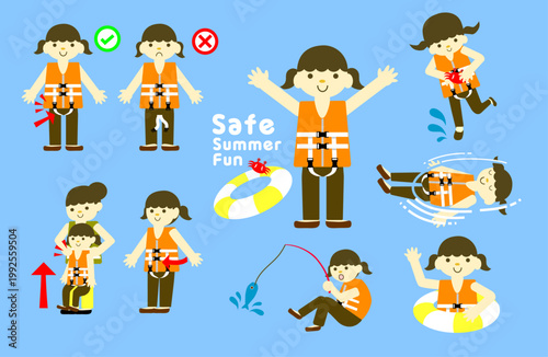 子どものライフジャケットの正しい着方　手順イラスト　水難事故防止　安全教育　解説イラスト