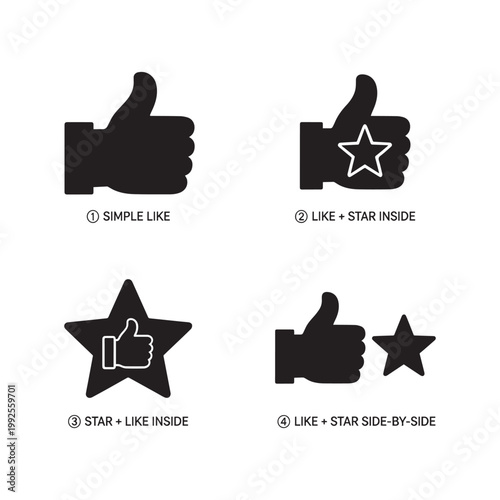 Collection of Minimalist Thumbs Up and Star Vector Icons for User Feedback. 