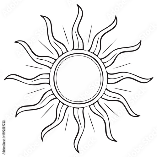 Stylized sun illustration with radiating rays in a black and white design