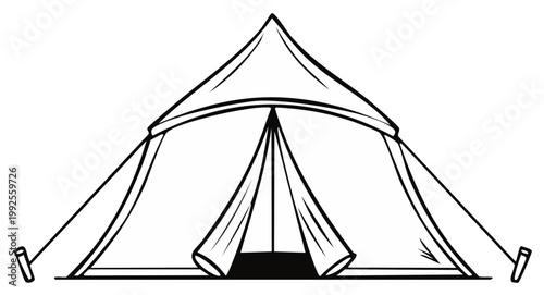 Illustration of a traditional bell tent set up for camping with ropes and poles