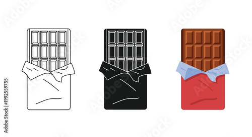 A delicious chocolate bar vector illustration showcasing three distinct graphic styles, including a clean outline, a bold silhouette, and a vibrant full color design.