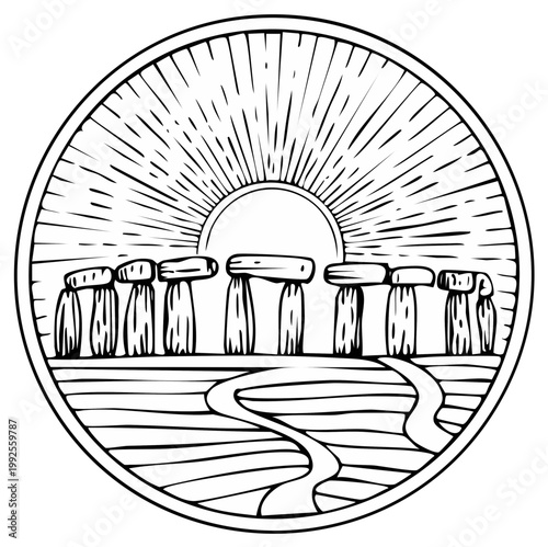 Mysterious ancient stone circle at sunrise with sunburst and winding path