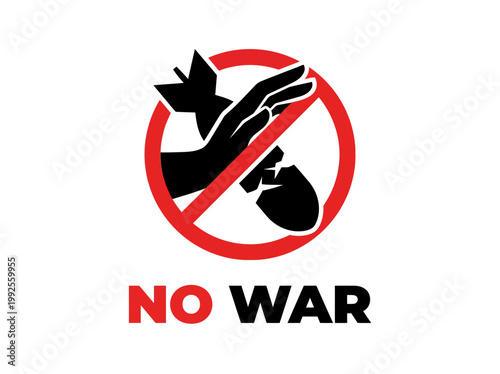 Vector illustration of 'No War' symbol with bomb and hand, promoting peace and anti-war sentiment