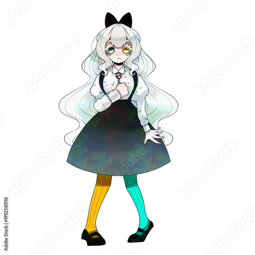 Anime Girl with White Hair and Mismatched Stockings