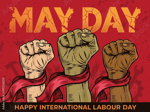 Vector illustration for May Day, International Labour Day, with fists raised in solidarity and a ribbon banner - a graphic representing unity and workers' rights