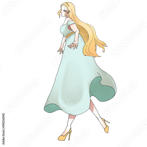 Blonde woman in flowing blue evening gown fashion illustration