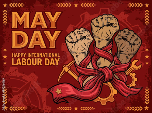 May Day Vector Illustration - Celebrating International Labour Day with Strong Fists and Tools