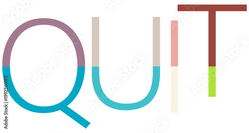 Stylized abstract letters spelling out QUIT with segmented colors isolated on transparent background